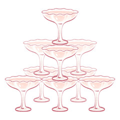 Champagne tower made of crystal glasses with sparkling wine. Hand drawn line art and watercolor style. Celebration and party themes. Isolated on white background for invitation or festive design.