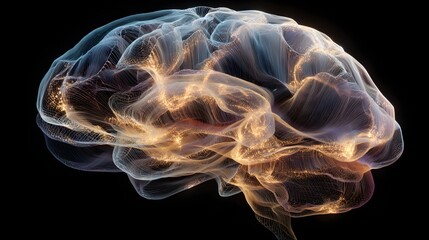 A detailed visualization of a digital brain constructed from fractal patterns generating intricate connections and glowing with ligent data on a dark background.