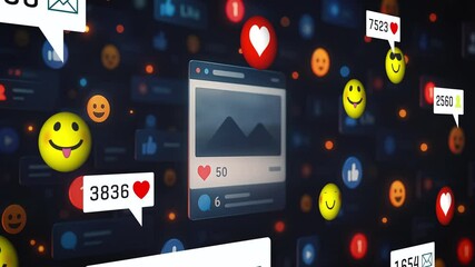 A dynamic 3D rendering of social media interactions with floating emojis, likes, and follower counts in a digital environment - Powered by Adobe