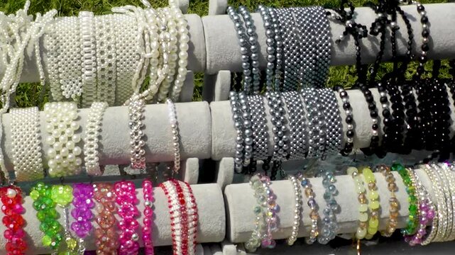 Bracelets and beads made of mineral stones and pearls
