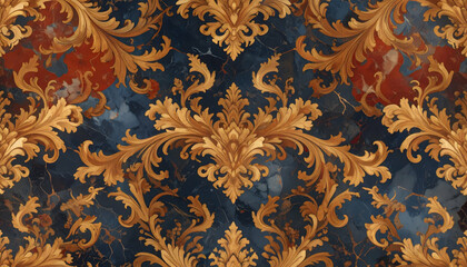 Ornate floral pattern with rich golden hues on a dark background.