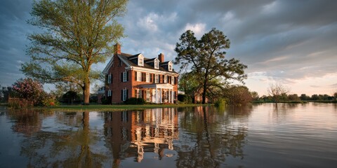 Obraz premium A stunning image of large brick house stands surrounded by floodwaters, reflecting the impact of severe flooding on residential property.