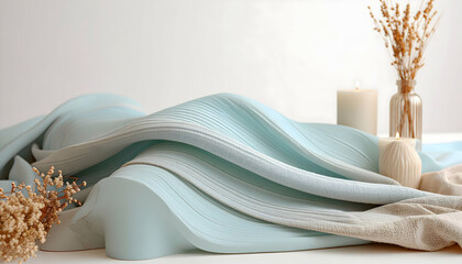 Soft pastel fabric drapes with candles and dried flowers for a serene aesthetic.