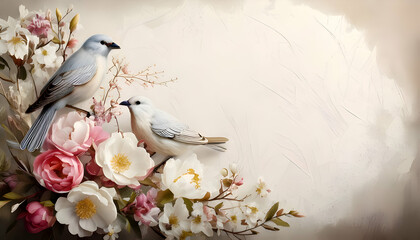 Two birds perched on a floral arrangement, creating a serene and artistic scene.