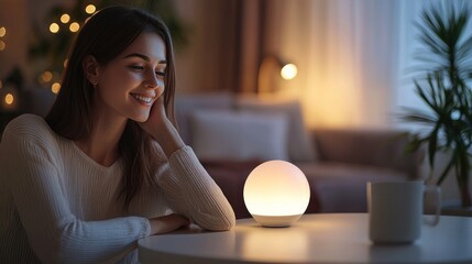 Serene Evening Glow, Woman Relaxing with Warm Ambient Lighting