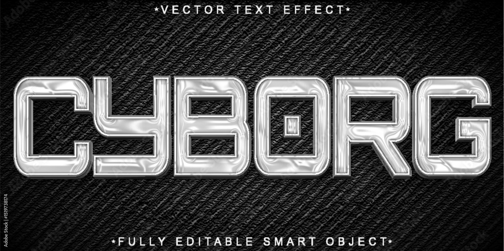 Poster cyborg robot futuristic tech chrome digital fully editable smart object text effect