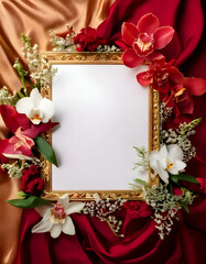 A decorative frame surrounded by vibrant flowers on a rich fabric backdrop.