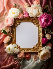 A decorative golden frame surrounded by pastel flowers on a soft fabric backdrop.