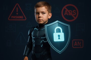 Cybersecurity superhero kid with shield