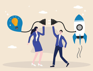 Entrepreneur develops a business idea to create a startup company, combining creativity and innovation. a founder or inventor, the businessman connects a lightbulb moment with the launch of a rocket.
