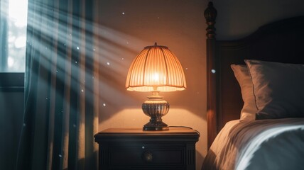 Warm bedside lamp bathed in golden light streaming through a window