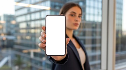 Woman holding smartphone with blank screen in modern office