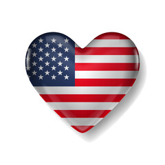 Fototapeta premium Heart-shaped icon with the United States flag, symbolizing love, patriotism, and national pride. Isolated on white background.