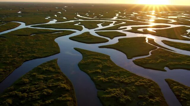Sunset reflecting on winding waterways at okavango delta
