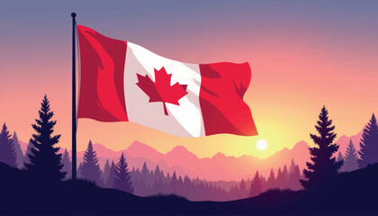 Waving Canadian flag at dusk, symbol of national pride