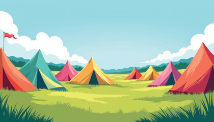 Colorful tents on Glastonbury Festival field, vibrant celebration