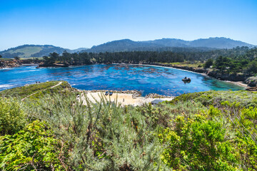 Point Lobos State Natural Reserve in California USA features turquoise waters, rugged cliffs, and...