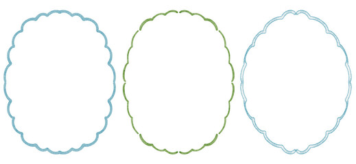 Collection of oval frames featuring hand drawn lines, curves, and scalloped edges. Includes doodle style, wavy, zigzag borders for invitations, cards, and design templates. For print and digital use.