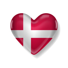 Obraz premium Glossy heart-shaped icon with the flag of Denmark. Symbol of love, patriotism, or national pride. Isolated on white with soft shadows.