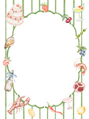 Striped template includes seafood illustrations like lobster, shrimp, crab, and shellfish. Border, pattern, and hand drawn watercolor elements. Suitable for menus, invitations, and party backdrops.