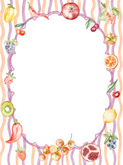 Vegetables border with tomato, pomegranate, raspberry, strawberry, cherry. Kitchen frame design with lemon, pepper, and traditional Italian food. Hand-drawn watercolor border for menu or invitation.
