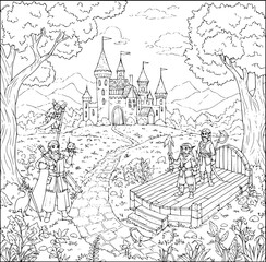 Naklejka premium Vintage vector illustration of fairy tale world with castle, church and houses