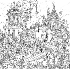 Vintage vector illustration of an old European castle architecture drawing