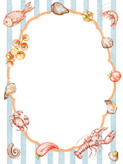 Seafood border with lobster, shrimp, crab, oyster, and fish. Kitchen frame design with lemon, pepper, and traditional Italian food. Hand-drawn watercolor border for menu or invitation.