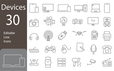Devices Editable Line Icons Set. Smart devices, technology, computer monitor, smartphone, tablet, laptop, drone. electronic devices and gadgets icons. Vector illustration