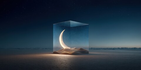 A stunning image of crescent moon floating inside a crystal cube in the middle of a desert at midnight, glowing softly, stars swirling above, surreal lighting.