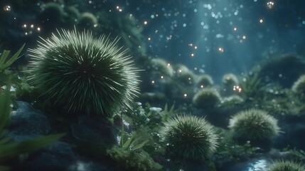Underwater garden with sea urchins and glowing particles creates a magical atmosphere