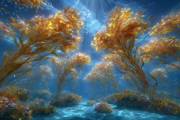 Underwater kelp forest with sun rays filtering through the surface creating a serene view