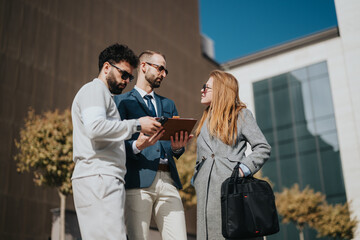 A group of people stands outdoors discussing work-related topics while reviewing documents.