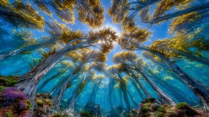 Underwater kelp forest with sun rays shining through the canopy creating a serene scene