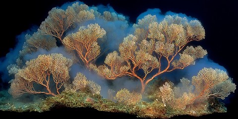 Underwater landscape featuring a vibrant gorgonian coral garden with intricate branches