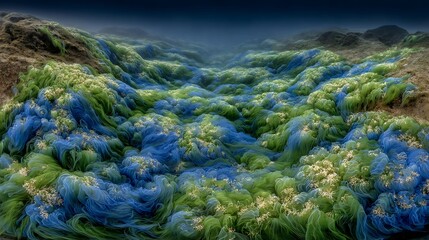 Underwater landscape with blue and green algae formations creates an alien vista