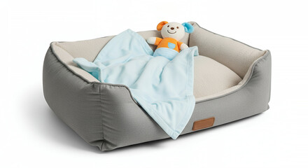 Cozy pet bed with a soft blanket and plush toy for comfortable animal resting space concept
