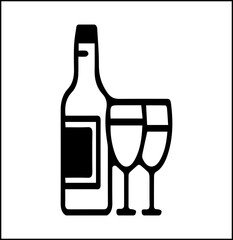 The image shows a simple black and white vector illustration of a wine or liquor bottle accompanied by two wine glasses.