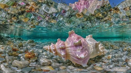 Underwater paradise a giant conch shell on a seabed with sunlight and reflections