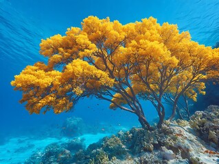 Underwater scene featuring a vibrant yellow tree amidst coral reef and clear blue ocean water