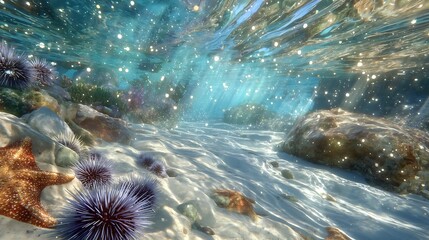 Underwater scene featuring sea urchins, starfish, rocks, and sunlight filtering through water