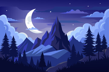 Dog Illustration in Mountain Landscape with Moonlight A Silhouette of Rocky Mountains Pine Trees and a Canine Under a Glowing Moon