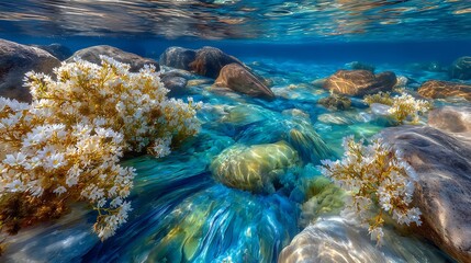 Underwater scenery with sunlight filtering through the water and rocks with white flowers