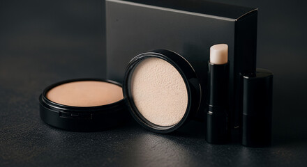 Gender-neutral makeup products for men: powder, cushion foundation, and lip balm on dark background
