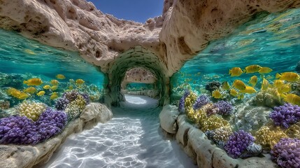Underwater tunnel with colorful coral reefs and vibrant fish swimming through crystal clear sea