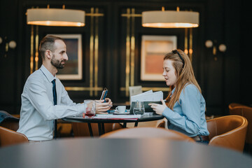 Colleagues working together on a project at a cozy cafe, exchanging thoughts and taking notes. Establishing a professional connection to achieve their objective while enjoying a warm and collaborative