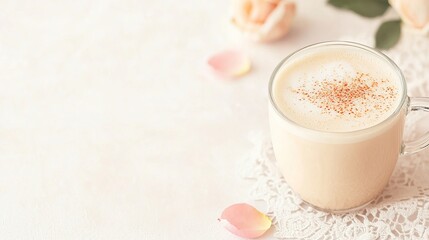 Delicious creamy latte with cinnamon and rose petals. Perfect for cafe menu, blog, or website.
