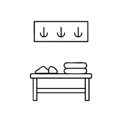 Spa bench with towels and wall hooks icon