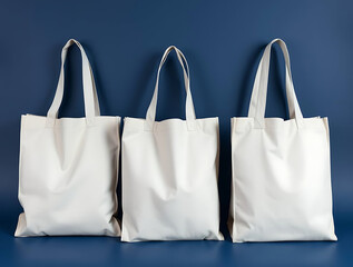 Three White Tote Bags With Prominent Handles Stand In A Row Against A Deep Blue Backdrop, Showcasing Their Simple Design, Mockup, Eco-Friendly, Merchandise.