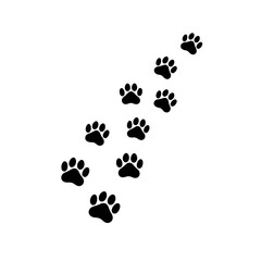 Dog paw prints trail design, pet memorial, remembrance, sympathy card, loss, grief, pet death, paw prints leading upward, black silhouettes on white background.